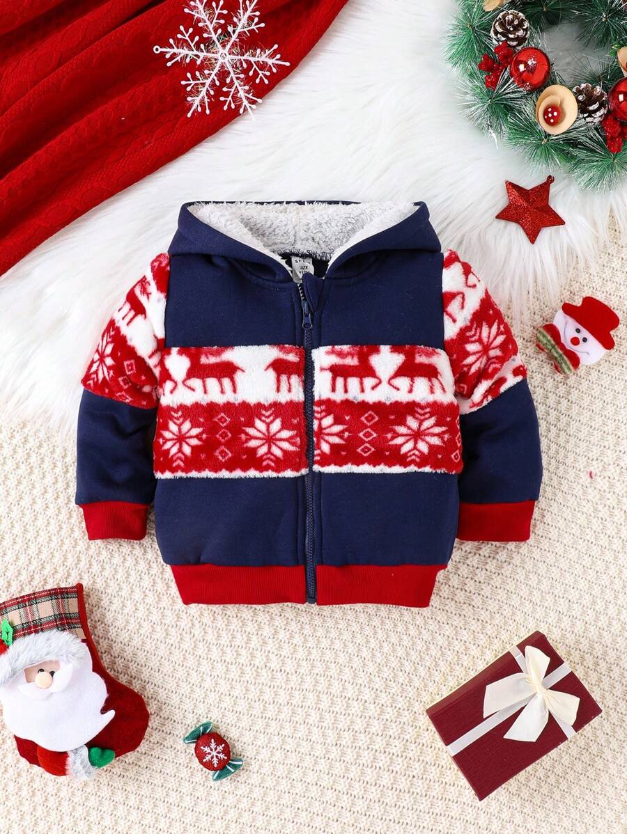 Infant Boys' Hooded Christmas Printed Patchwork Zipper Jacket - Navy Blue - View 1