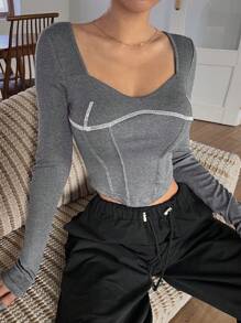 Dazy Star 女式心形领口撞色缝线 T 恤，秋季服装长袖女式上衣 - 灰色 - 查看 4