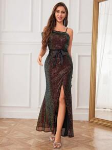 女士不对称领口高开叉亮片派对礼服（大量装饰） - 彩色 - 查看 1