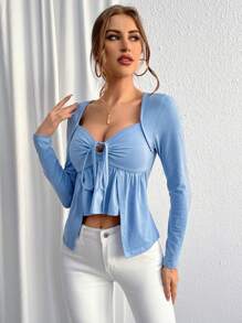 SHEIN Privé Cổ Trái tim Nút phía trước Xoay eo Áo thun - Màu xanh lam - Xem 4