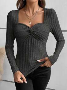 Chiquease 優雅女士扭結前短袖t恤 - 深灰色 - 查看 3