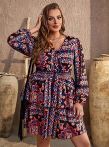 SHEIN VCAY 大碼印花燈籠袖洋裝 - 彩色 - 查看 4