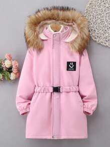 SHEIN Cô gái Tween Chi tiết Patched thư Trang trí Fuzzy áo có mũ Lót nhiệt Thắt lưng áo - Hồng - Xem 1