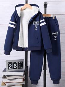 青少年男孩拉鍊閉合休閒保暖運動服,兩件式套裝 - 藍色 - 查看 6