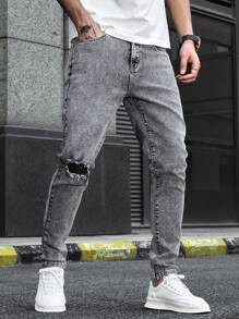 Manfinity Homme 男士棉質破洞水洗修身牛仔褲，修身長褶邊單色淺灰色假期基本款，爸爸和兒子裝 - 灰色 - 查看 1