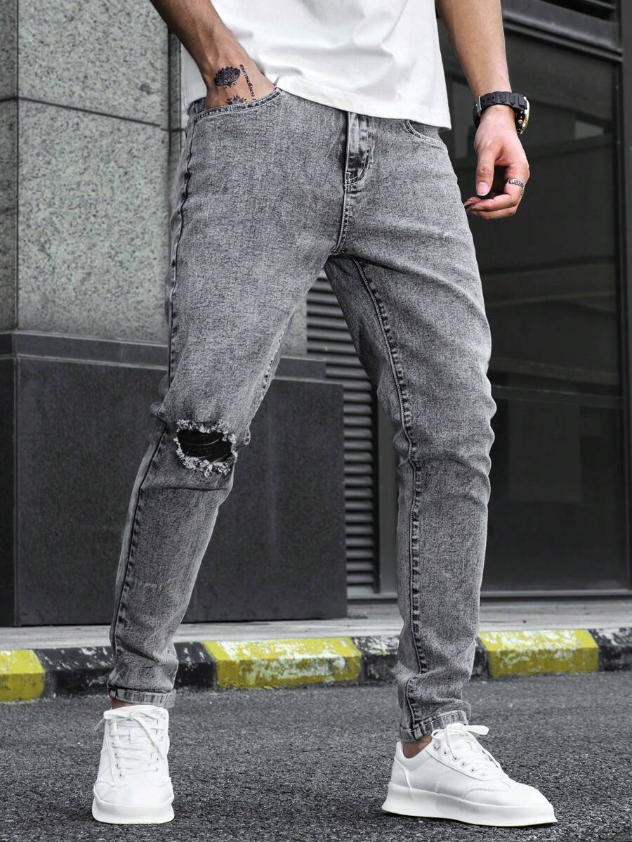 Manfinity Homme 男士棉質破洞水洗修身牛仔褲，修身長褶邊單色淺灰色假期基本款，爸爸和兒子裝 - 灰色 - 查看 1