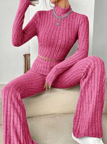 SHEIN EZwear 針織羅紋長袖上衣+褲子套裝 - 玫紅色 - 查看 1