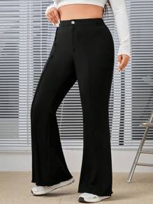 SHEIN EZwear Plus Size Women Toothpick Design Knitted High Waist Flare Pants, Black - Black - View 3