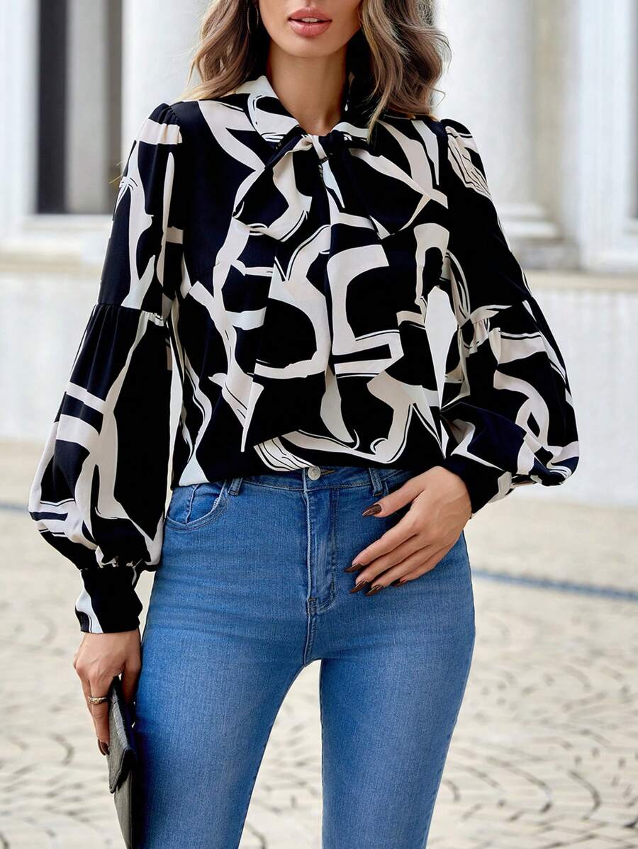 SHEIN Privé 繫帶領口燈籠袖上衣 - 彩色 - 查看 1