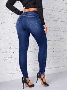SHEIN Privé Rách Raw Hem Quần jean ôm - Rửa tối - Xem 2