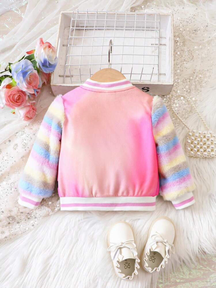 Baby Girl Tie Dye Letter & Dinosaur Print Striped Trim Varsity Jacket