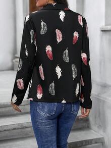 SHEIN Clasi Feather Print Lapel Neck Blazer - Black - View 2