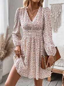 SHEIN LUNE 印花腰部打褶洋裝 - 杏色 - 查看 4