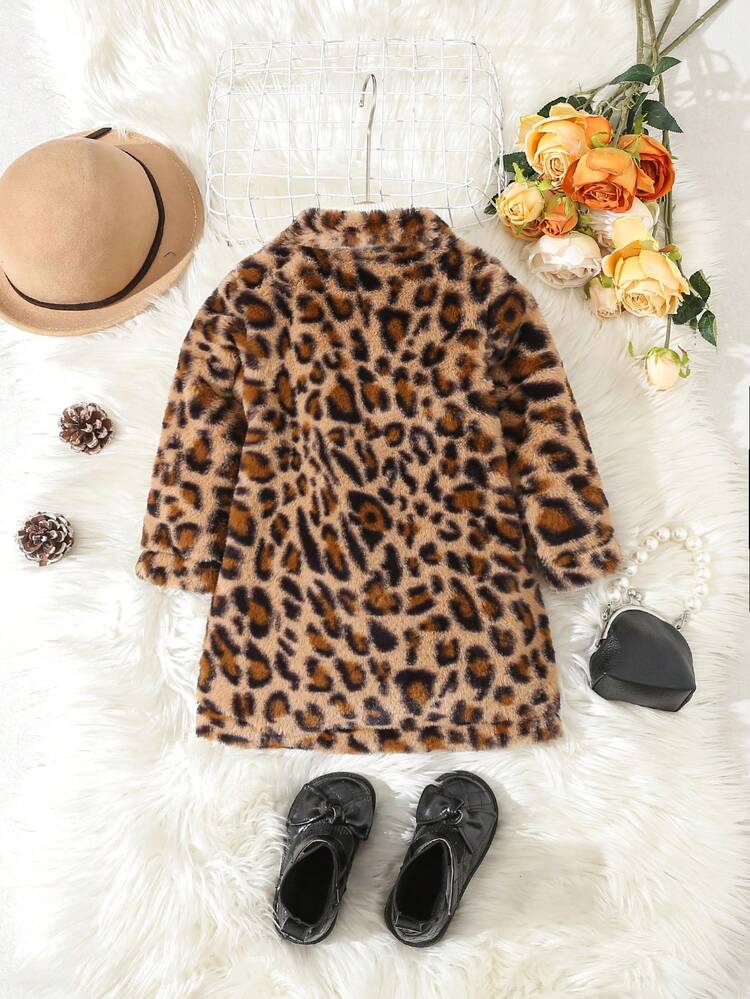 1pc Baby Girls' Leopard Plush Autumn Double Breasted Padded Coat, Fashionable