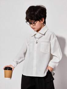 SHEIN Young Boys' Casual Loose Fit Solid Color Shirt With Chest Pocket Decoration, Long Sleeve