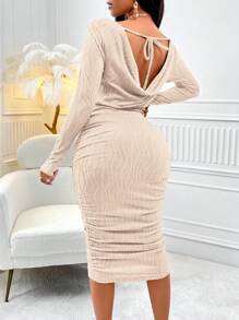 Vestido Bodycon Con Detalles De Lazo, Drapeado Y Arrugado Con Espalda Abierta - Albaricoque - Ver 5