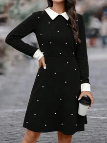 SHEIN Clasi Pearls Beaded Contrast Trim Dress - Black and White - View 3