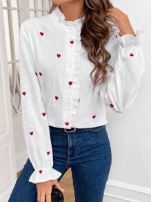 SHEIN Frenchy Của phụ nữ Thêu trái tim Trang trí Frills Áo sơ mi - Nhiều màu - Xem 1