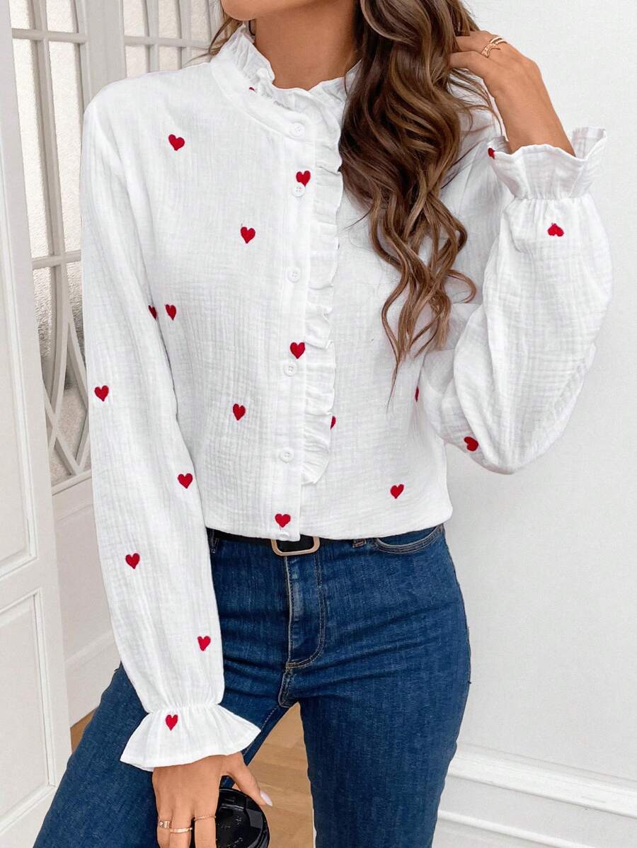 SHEIN Frenchy Của phụ nữ Thêu trái tim Trang trí Frills Áo sơ mi - Nhiều màu - Xem 1