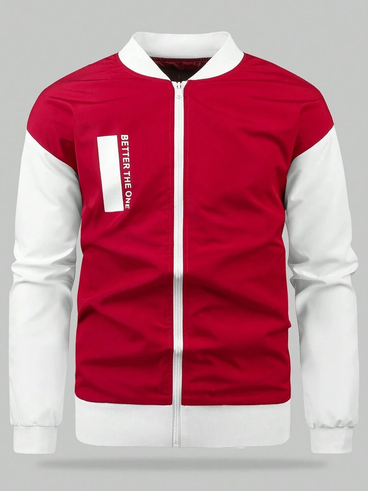 Men's Loose Fit Letter Printed Two Tone Bomber Jacket