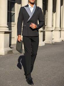 Manfinity Mode Band Collar Double Breasted Blazer Jacket - Black - View 1