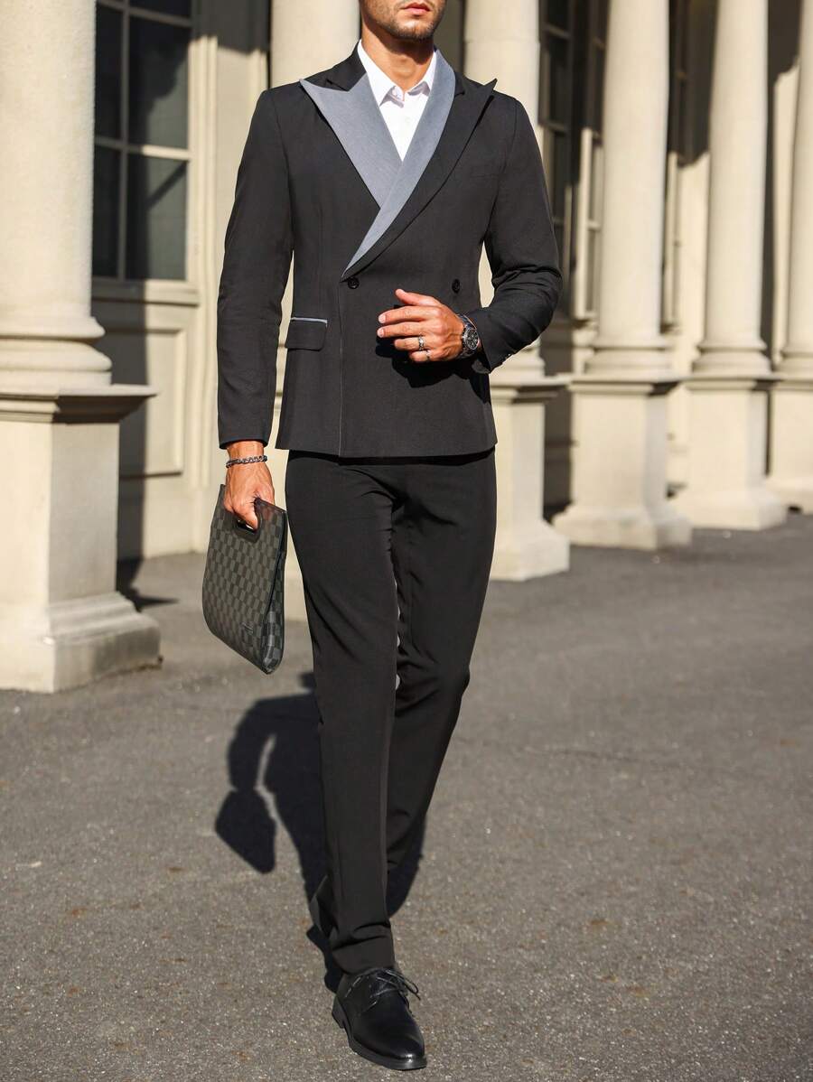 Manfinity Mode Band Collar Double Breasted Blazer Jacket - Black - View 1