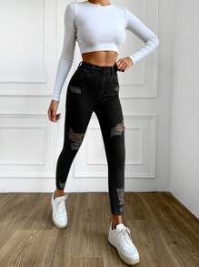 EURMUSE 98%Cotton Solid Color Skinny Jeans With Ripped Detail ,Petite Women - Hitam - View 4