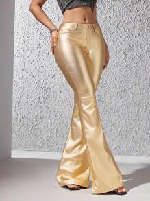 SHEIN Tall 1 条女式金属喇叭裤 - 金色 - 查看 5