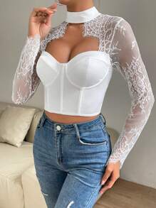 Allurite Eyelash Lace Panel Cut Out Front Crop Bustier Top - White - View 4