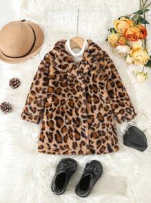 1 pieza Abrigo acolchado de doble botonadura de terciopelo con estampado de leopardo, de moda, para niñas bebés en otoño - Multicolor - Ver 1