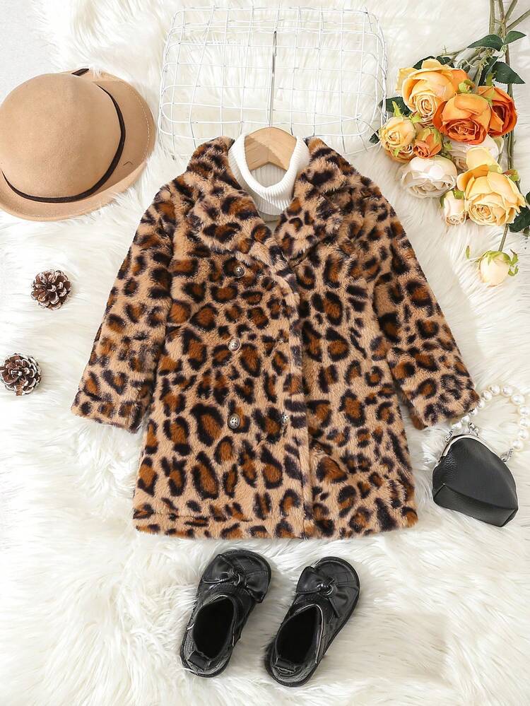 1pc Baby Girls' Leopard Plush Autumn Double Breasted Padded Coat, Fashionable