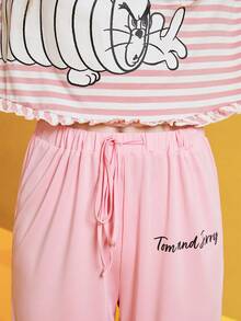 TOM & JERRY X SHEIN Women's Striped T-shirt And Drawstring Cartoon Printed Long Pants Pajama Set - Multicolor - View 7