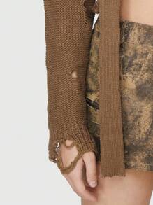 ROMWE Grunge Punk Của phụ nữ Vai lạnh Áo len Distressed - Cà phê nâu - Xem 7