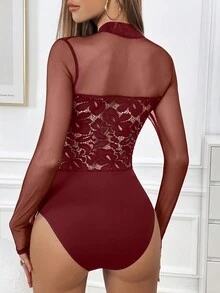 SHEIN Privé Contrast Mesh Mock Neck Bodysuit - Burgundy - View 2