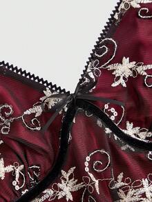 ROMWE Hippie Embroidered Mesh Asymmetrical Hem Camisole Top - Burgundy - View 4