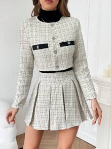 Firerie Plaid Print Button Front Crop Jacket & Pleated Mini Skirt Two Piece Skirt Set