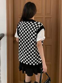 DAZY Checker Pattern Sweater Vest Without Tee - Black - View 8