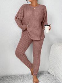 SHEIN PETITE CURVE 2pcs Plus Size Solid Color Long Sleeve Top And Pants Set - Pink - View 6