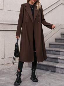 SHEIN Clasi 女士雙排扣腰帶羊毛外套 - 咖啡棕 - 查看 7