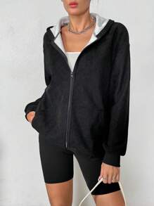 SHEIN Essnce Của phụ nữ Dây kéo Khép kín Lông cừu Áo nỉ - màu đen - Xem 5