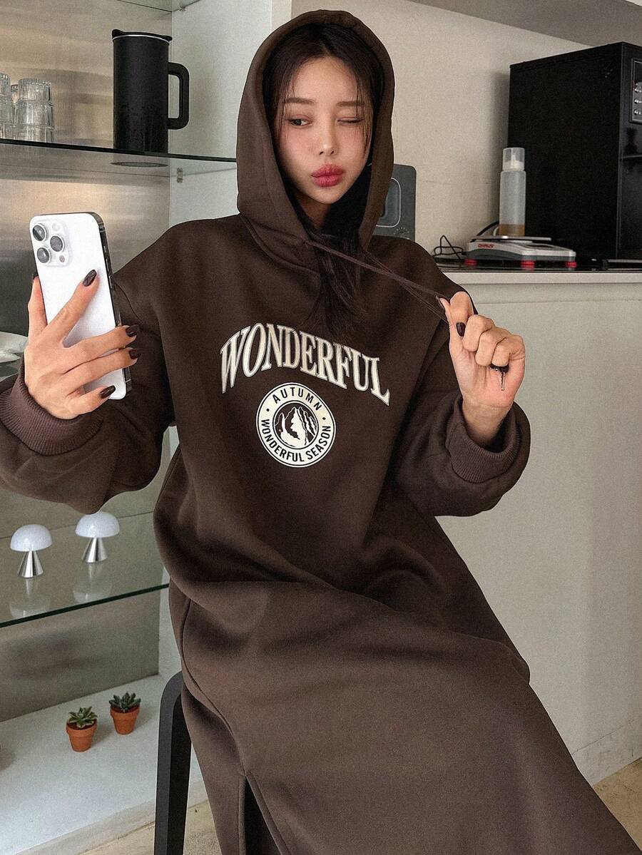 DAZY 字母印花束腰連帽女士運動連衣裙 - 咖啡棕 - 查看 1