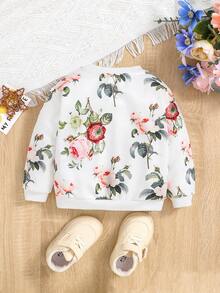 女嬰休閒圓領花卉印花長袖衛衣,百搭風格 - 白色 - 查看 2
