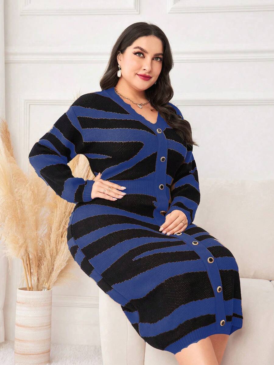 Mulvari Women's Plus Size Full Pattern Button Up Sweater Dress - Royal Blue - View 1