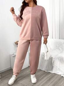 Flirla Women's Plus Size Letter Printed Fleece Sweatshirt And Sweatpants Two-piece Set - Pink - View 3