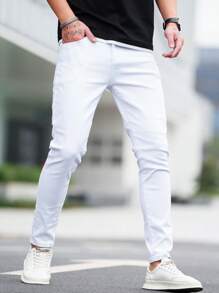 Manfinity Homme Men's Street Style White Denim Jeans Slim Fit Long Washed Light Jean Cargo Plain All Work Business Casual Husband - White - View 7