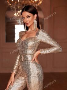 Faeriesty Sweetheart Neck Sequin Buckle Belted Jumpsuit, For Wedding Guest