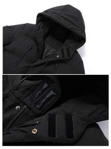 Men Solid Drawstring Hooded Padded Coat - Black - View 3