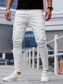 Manfinity Homme Men Cotton Flap Pocket Side Skinny Jeans Baggy Long Washed Cargo Jean Plain All White Going Out Rock And Roll Friends Going Out Hang Out Commute National Park Street - White - View 1