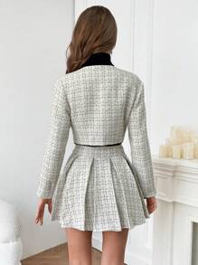 Firerie Plaid Print Button Front Crop Jacket & Pleated Mini Skirt Two Piece Skirt Set