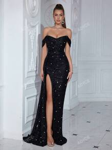 ADYCE Women's Off Shoulder Ruched High Slit Party Dress Suitable For Dancing Cocktail Party With Flowing Ribbon Black Elegant Formal Evening Prom Wedding Guest Gown, For Graduation, Dinner Sequin